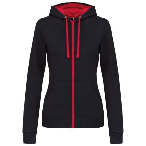K467 sweat capuche zippe bicolore rouge femme