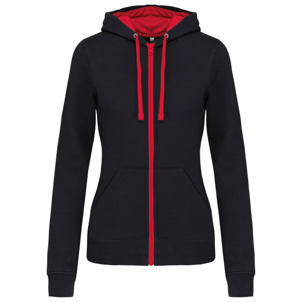 K467 sweat capuche zippe bicolore rouge femme